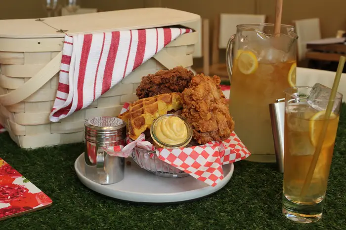 Dill & Pickle Brined Fried Chicken with Cheddar Cornbread Waffles & Apricot Butter<br>